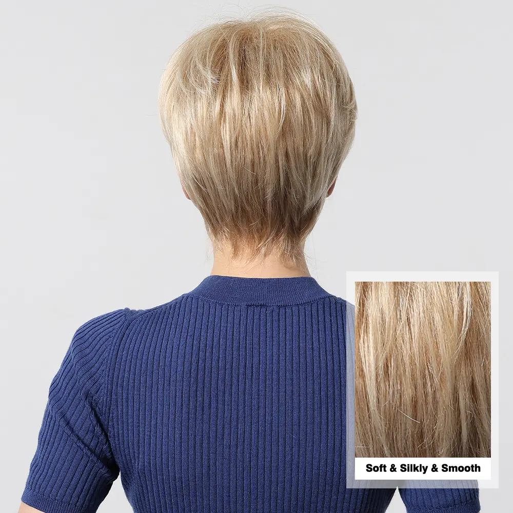 LOUIS FERRE Short Pixie Cut Synthetic Wigs for Women Blonde Highlights Straight Wigs With Bangs Layered Women's Wigs for Daily