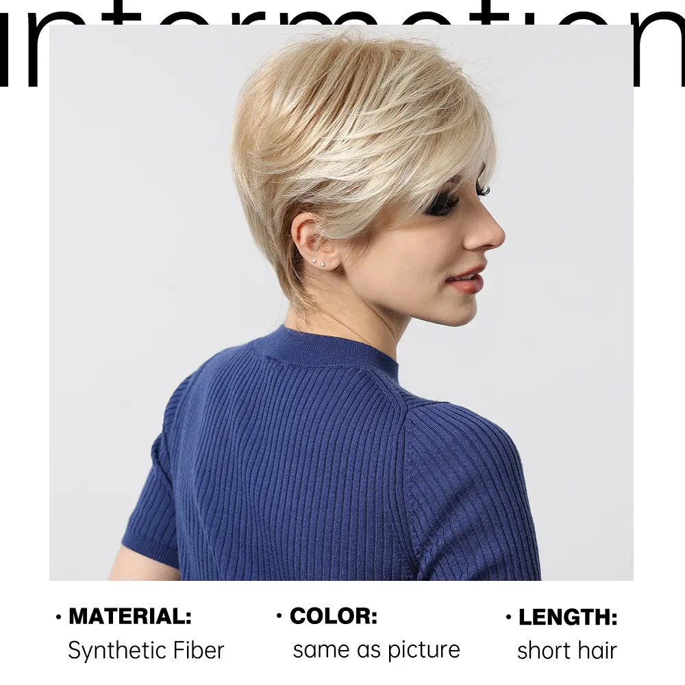LOUIS FERRE Short Pixie Cut Synthetic Wigs for Women Blonde Highlights Straight Wigs With Bangs Layered Women's Wigs for Daily