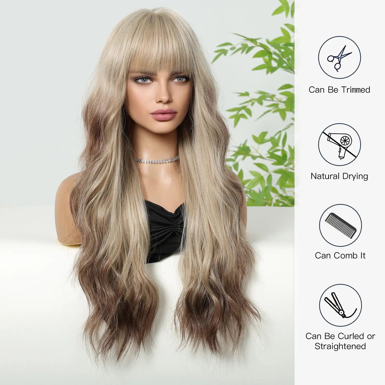 Brown Mixed Blonde Synthetic Wigs Long Wavy Natural Wigs With Bangs Women's Wig For Daily Cosplay Party Use High Temperature