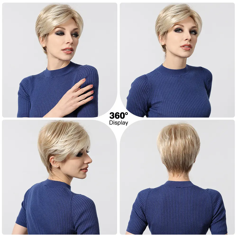 LOUIS FERRE Short Pixie Cut Synthetic Wigs for Women Blonde Highlights Straight Wigs With Bangs Layered Women's Wigs for Daily