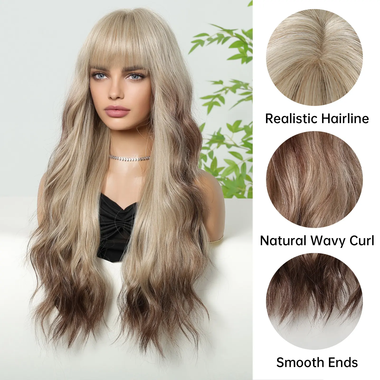 Brown Mixed Blonde Synthetic Wigs Long Wavy Natural Wigs With Bangs Women's Wig For Daily Cosplay Party Use High Temperature
