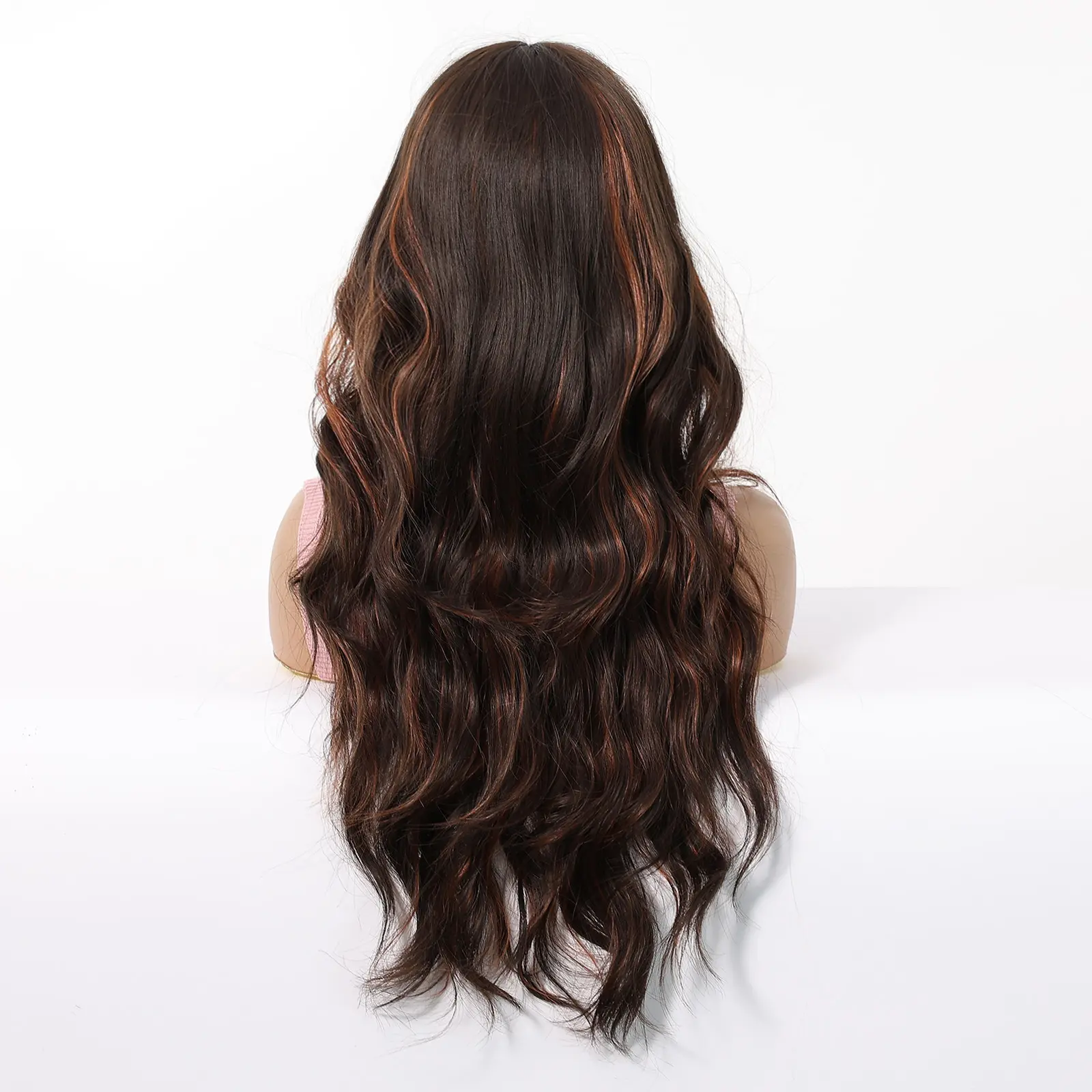 Long Brown Natural Big Wave Wigs With Bang Light  Brown Highlights Wavy Wig For Women Daily Synthetic Fake Hair High Temperature