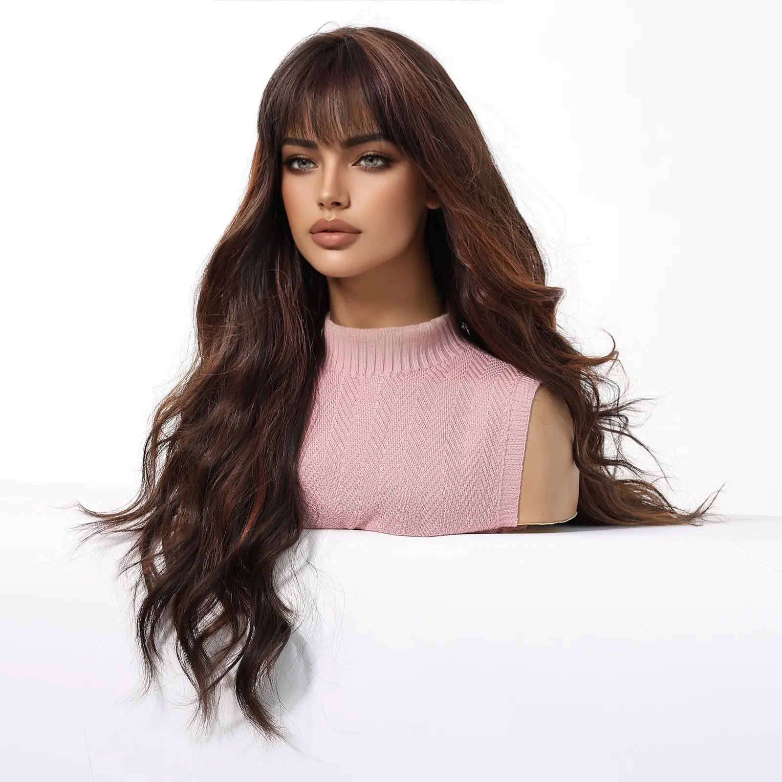 Long Brown Natural Big Wave Wigs With Bang Light  Brown Highlights Wavy Wig For Women Daily Synthetic Fake Hair High Temperature