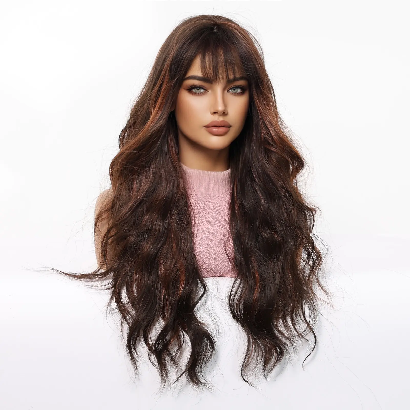 Long Brown Natural Big Wave Wigs With Bang Light  Brown Highlights Wavy Wig For Women Daily Synthetic Fake Hair High Temperature