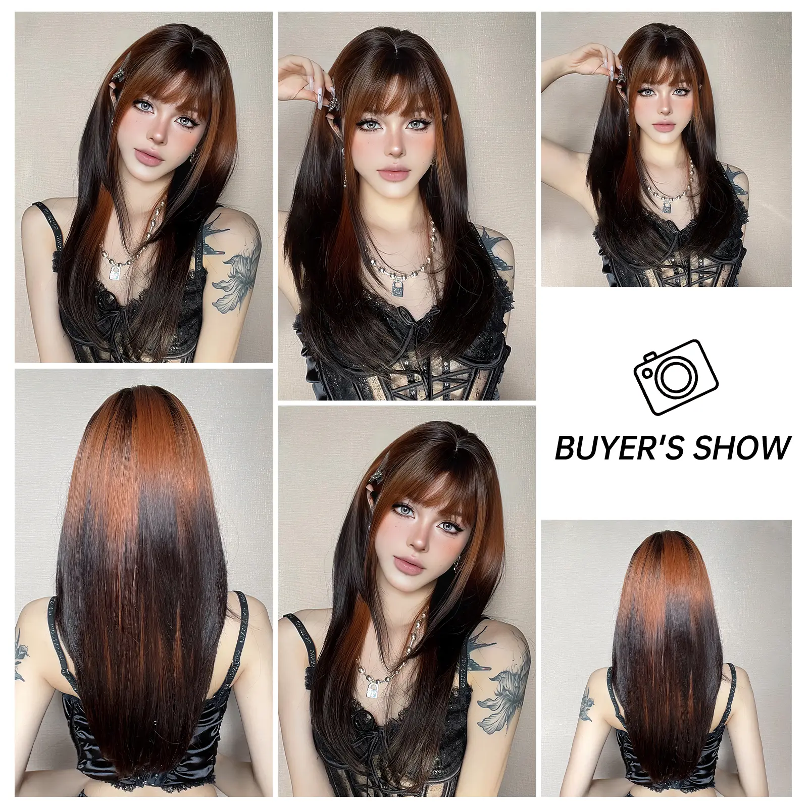 LOUIS FERRE Brown Highlight Cosplay Hair Synthetic Wigs With Bangs For Women Long Straight layered Wigs Heat Resistant Fake Hair