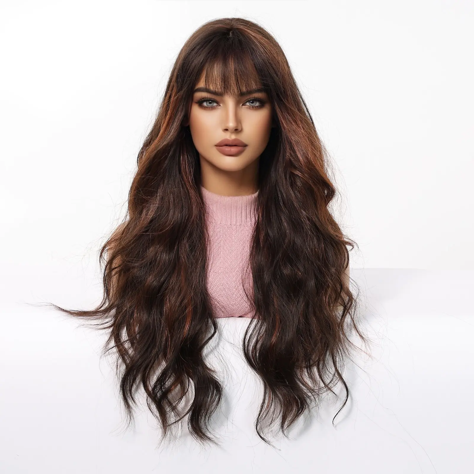 Long Brown Natural Big Wave Wigs With Bang Light  Brown Highlights Wavy Wig For Women Daily Synthetic Fake Hair High Temperature