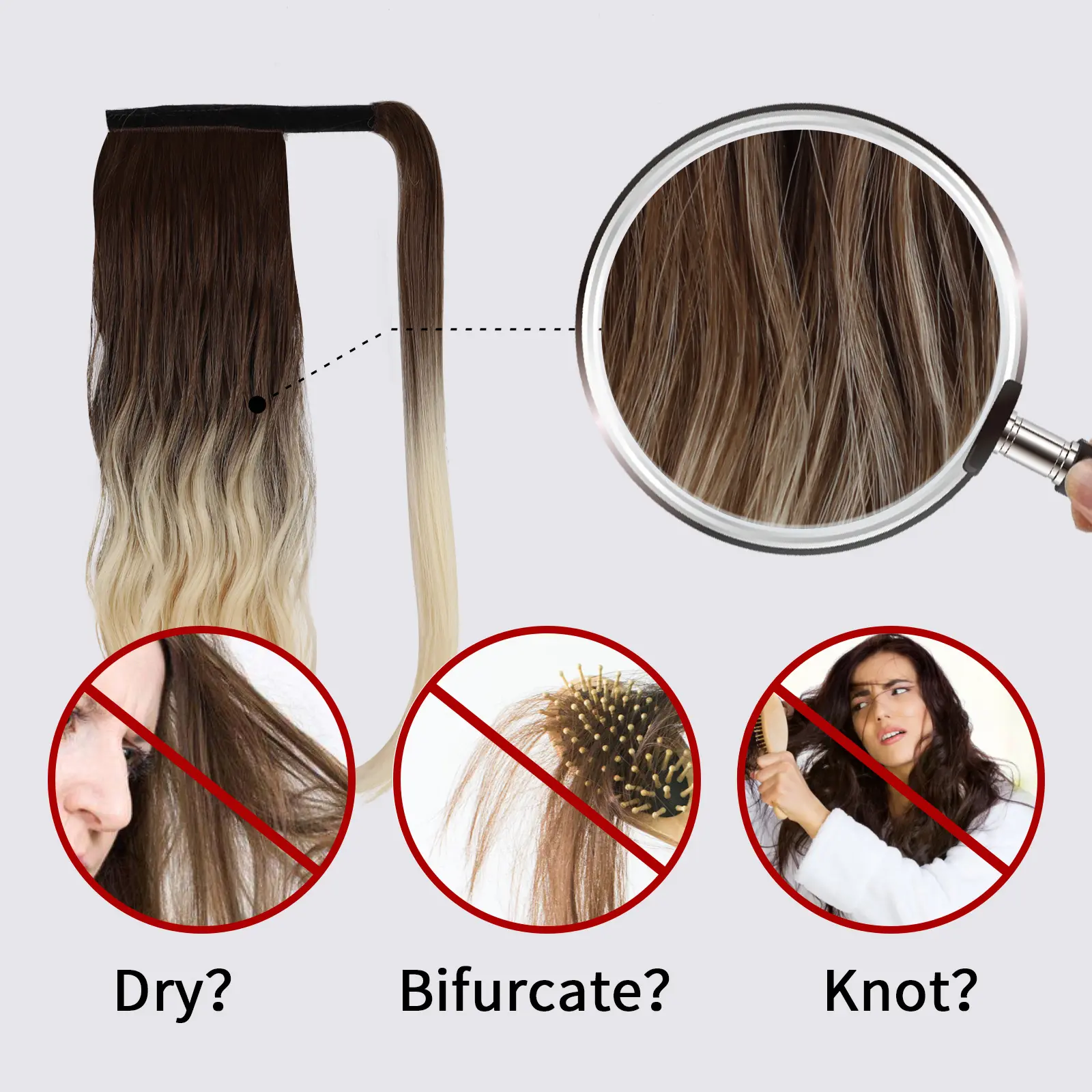 Ombre Dark Brown Light Golden 16 Inches Synthetic Ponytail Wigs for Women Long Natural Wave Blonde Wrap Around Hair Extensions