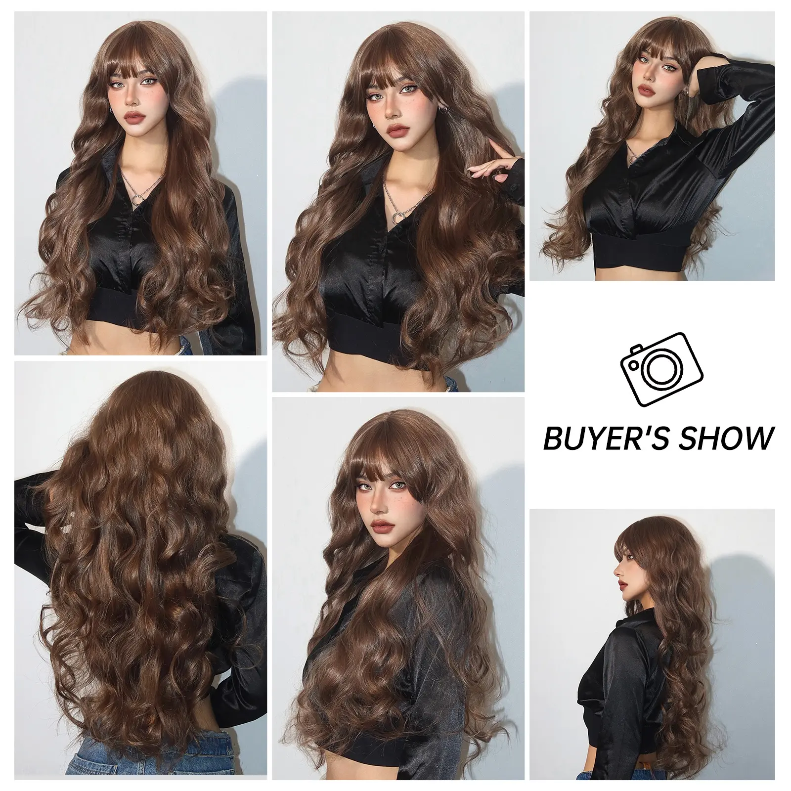 LOUIS FERRE Natural Brown Fake Hair Long Wavy Curly Synthetic Wigs With Bangs For Women Daily Use Heat Resistant Fibre Hair Wig