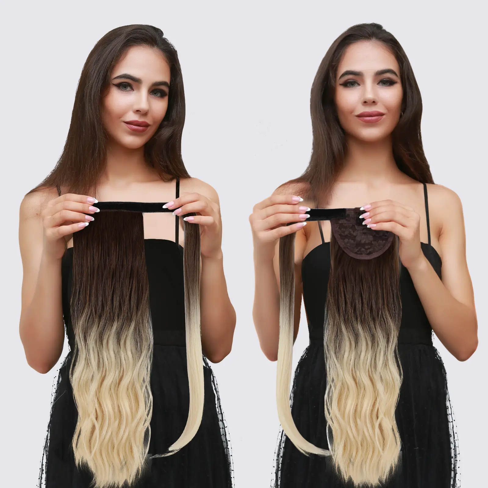 Ombre Dark Brown Light Golden 16 Inches Synthetic Ponytail Wigs for Women Long Natural Wave Blonde Wrap Around Hair Extensions