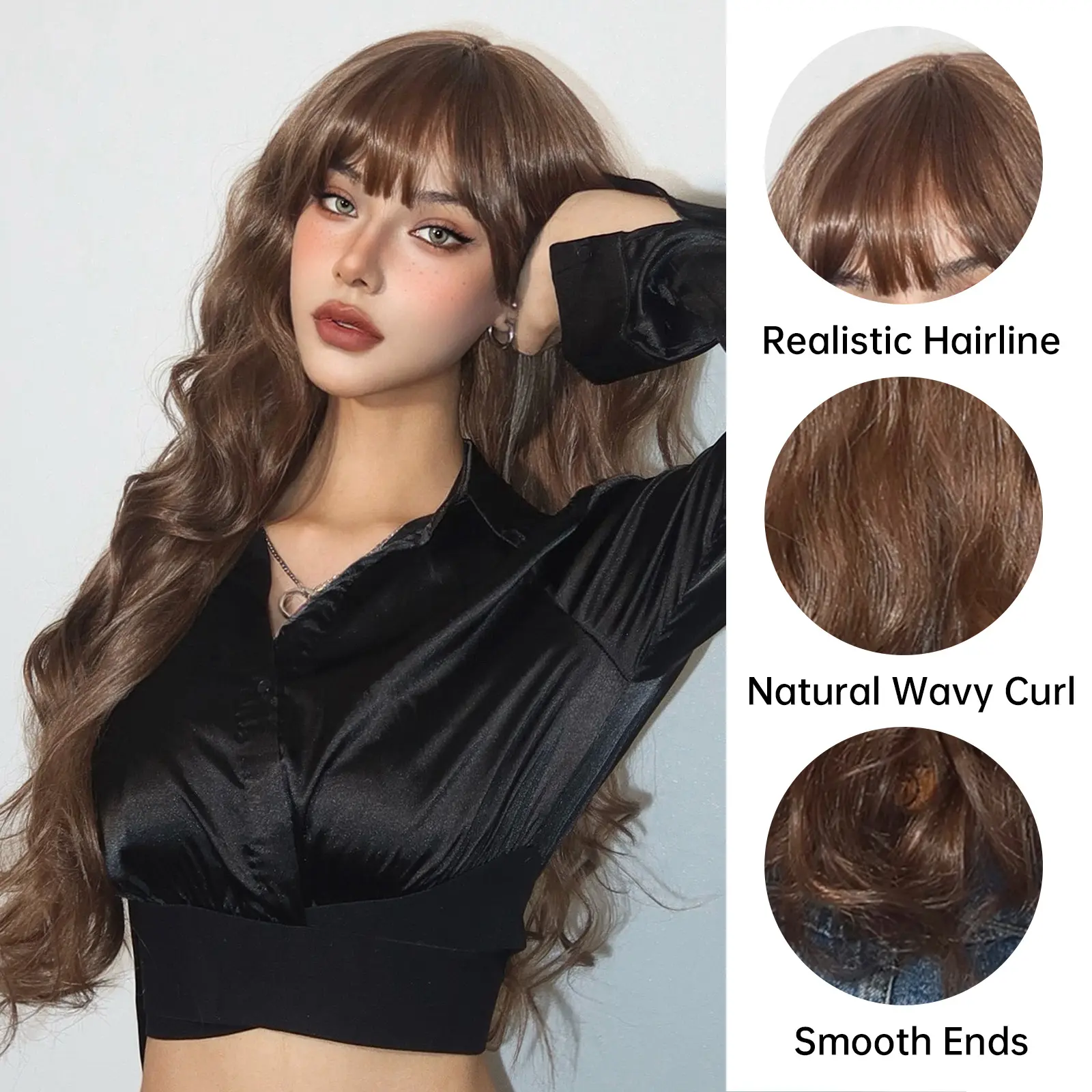 LOUIS FERRE Natural Brown Fake Hair Long Wavy Curly Synthetic Wigs With Bangs For Women Daily Use Heat Resistant Fibre Hair Wig