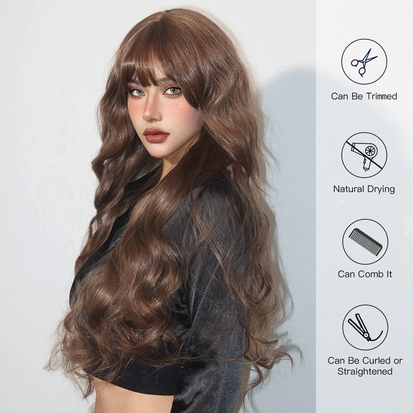 LOUIS FERRE Natural Brown Fake Hair Long Wavy Curly Synthetic Wigs With Bangs For Women Daily Use Heat Resistant Fibre Hair Wig