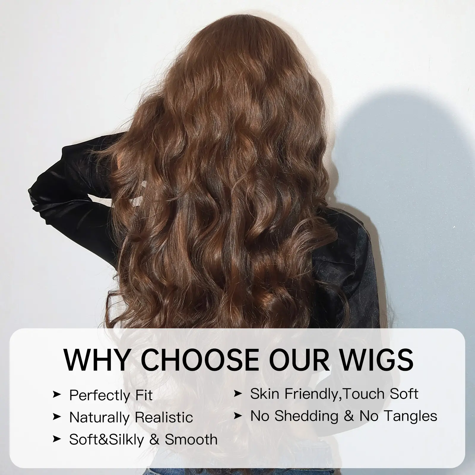 LOUIS FERRE Natural Brown Fake Hair Long Wavy Curly Synthetic Wigs With Bangs For Women Daily Use Heat Resistant Fibre Hair Wig