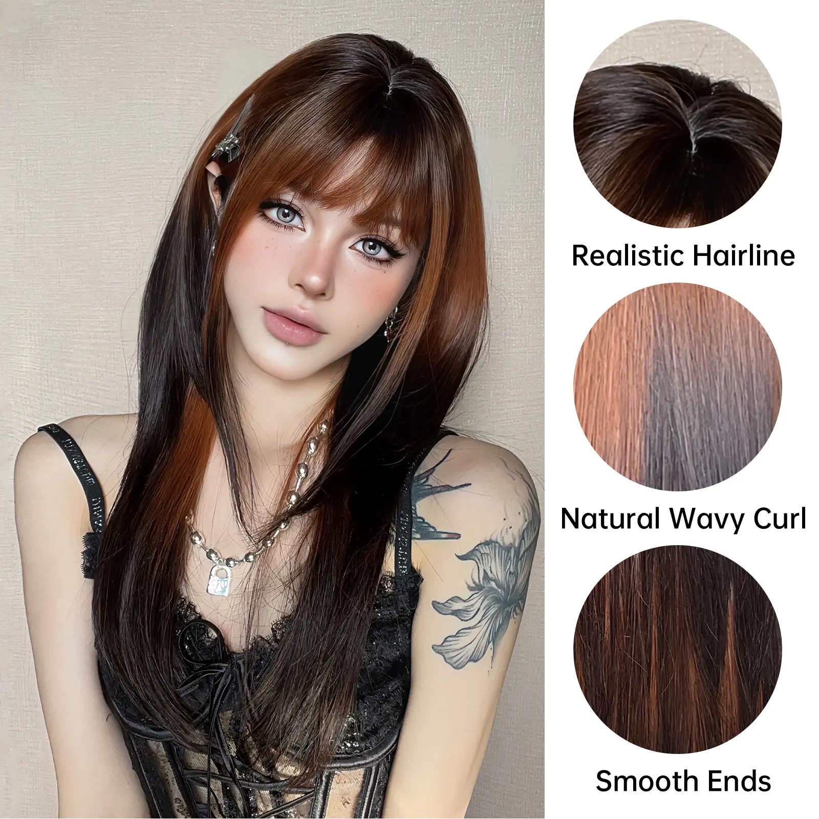 LOUIS FERRE Brown Highlight Cosplay Hair Synthetic Wigs With Bangs For Women Long Straight layered Wigs Heat Resistant Fake Hair