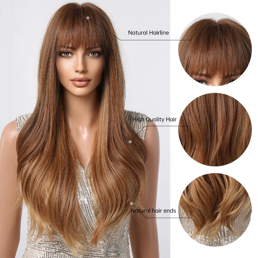 Brown Blonde Wavy Synthetic Wigs for Black Women Long Natural Wave Brown Hair Cosplay Wigs With Bangs Heat Resistant Daily Party