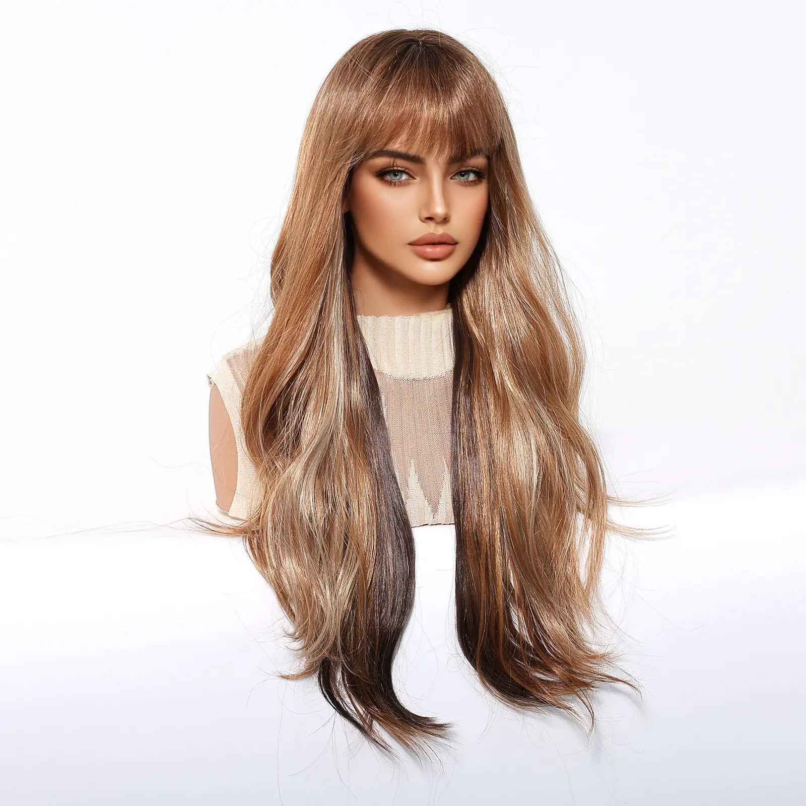Brown Highlights Wig Long Natural Body Wavy Wigs With Bangs Brown Mixed Blonde Wigs For Women Cosplay Synthetic Heat Resistant