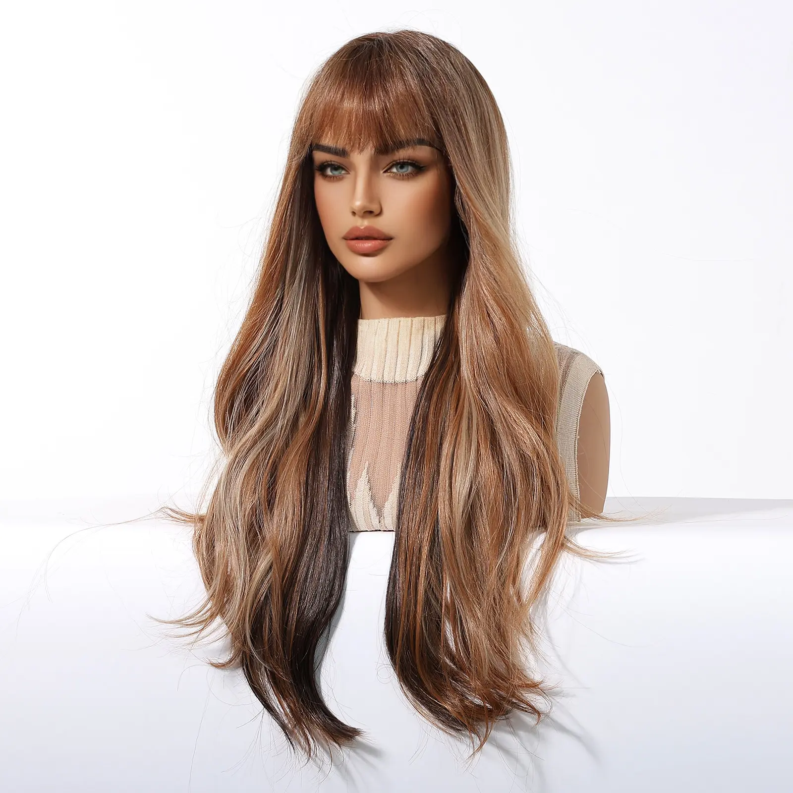 Brown Highlights Wig Long Natural Body Wavy Wigs With Bangs Brown Mixed Blonde Wigs For Women Cosplay Synthetic Heat Resistant