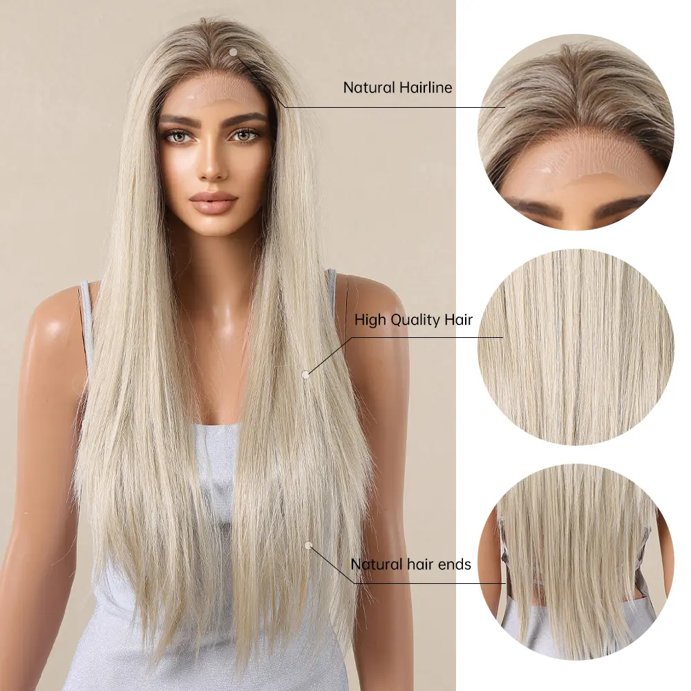 Platinum White Blonde 13*4 Lace Front Synthetic Wigs for White Women Long Straight Middle Parted Lace Wigs Daily High Temperture