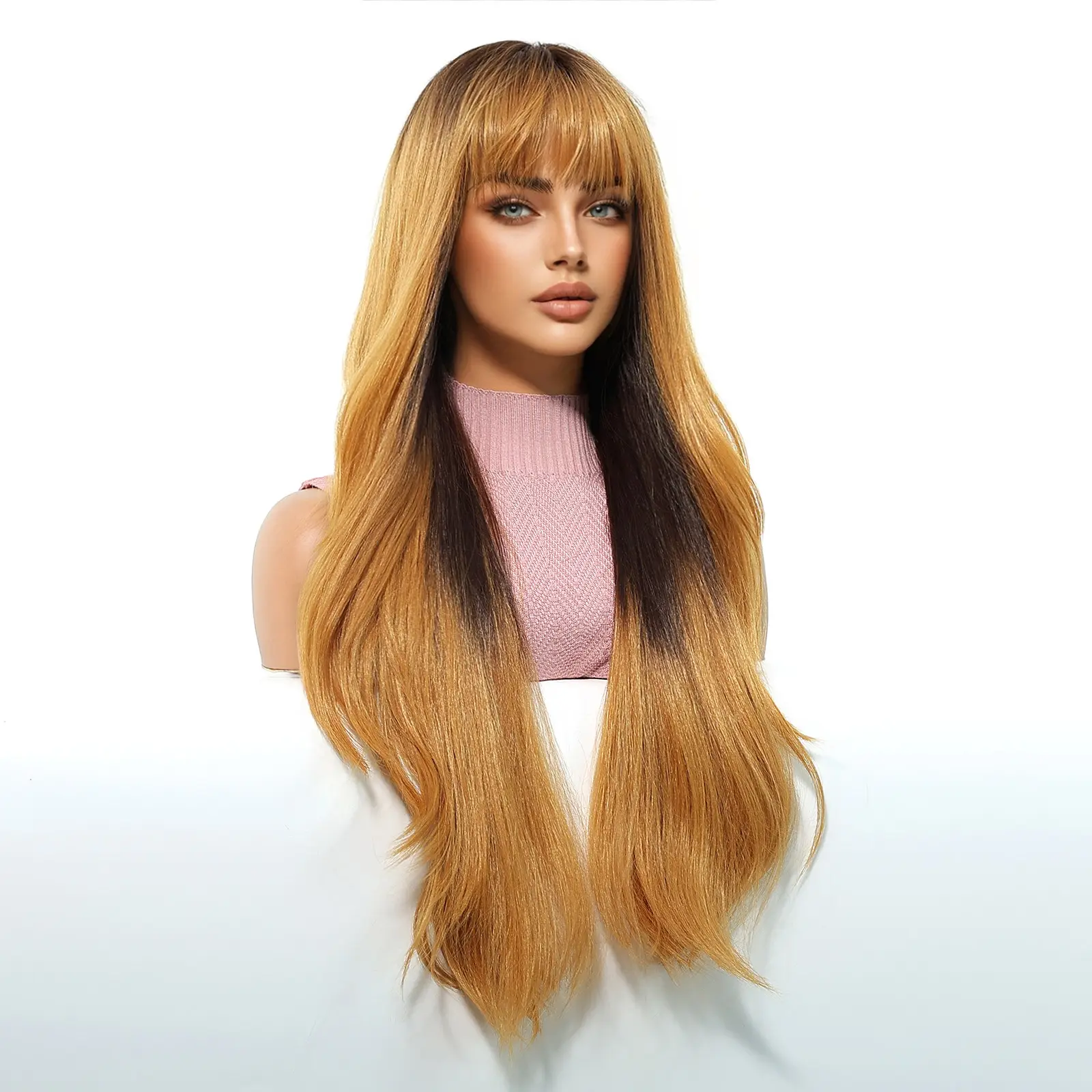 Brown Highlights Wig Long Natural Body Wavy Wigs With Bangs Brown Gradient Synthetic Wigs For Women Daily Cosplay Heat Resistant