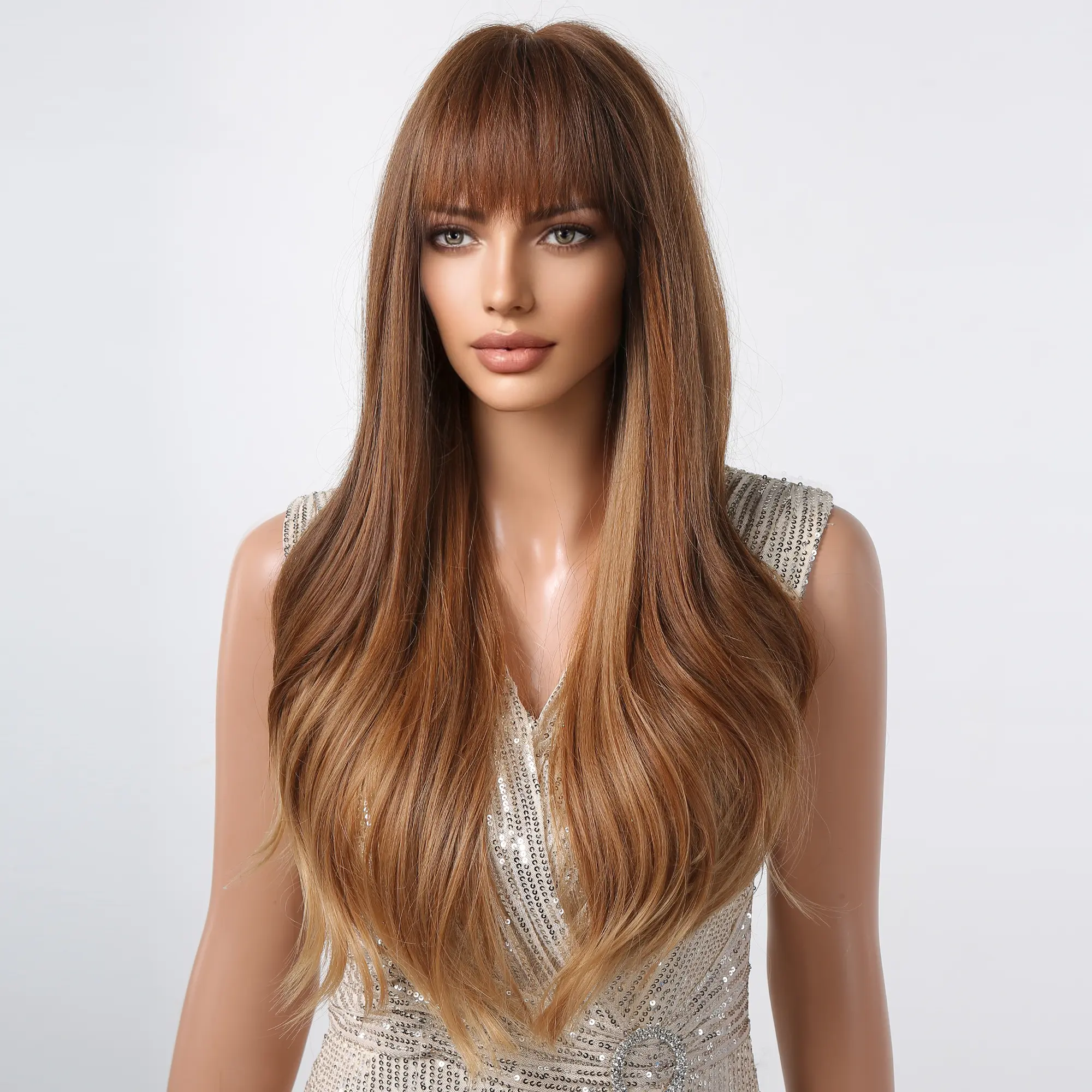 Brown Blonde Wavy Synthetic Wigs for Black Women Long Natural Wave Brown Hair Cosplay Wigs With Bangs Heat Resistant Daily Party