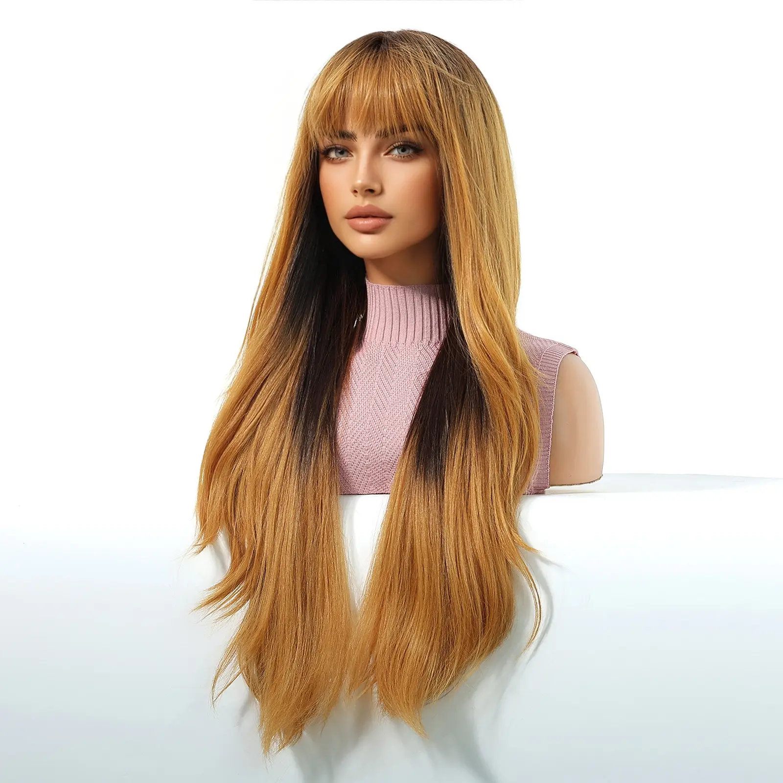Brown Highlights Wig Long Natural Body Wavy Wigs With Bangs Brown Gradient Synthetic Wigs For Women Daily Cosplay Heat Resistant