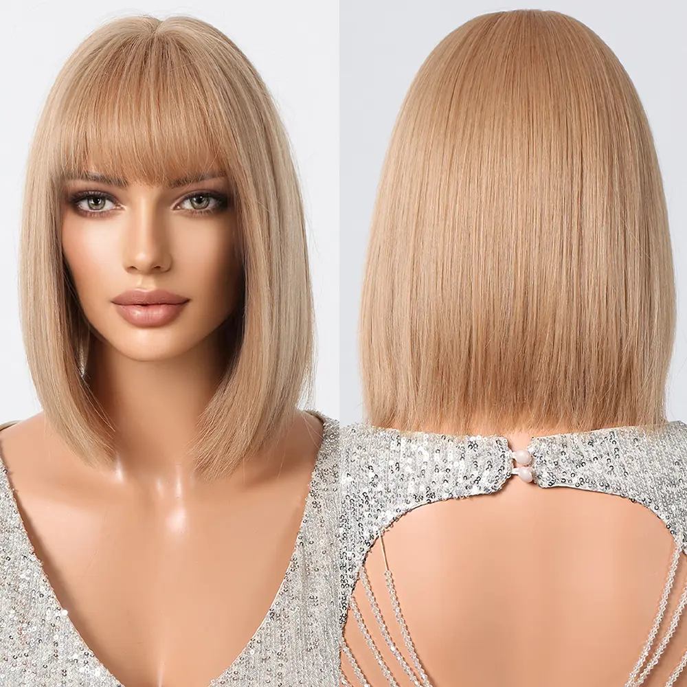 LOUIS FERRE Short Straight Bob Synthetic Wig For White Women Cosplay Daily Use Blonde Wig Natural Hair With Bangs Heat Resistant