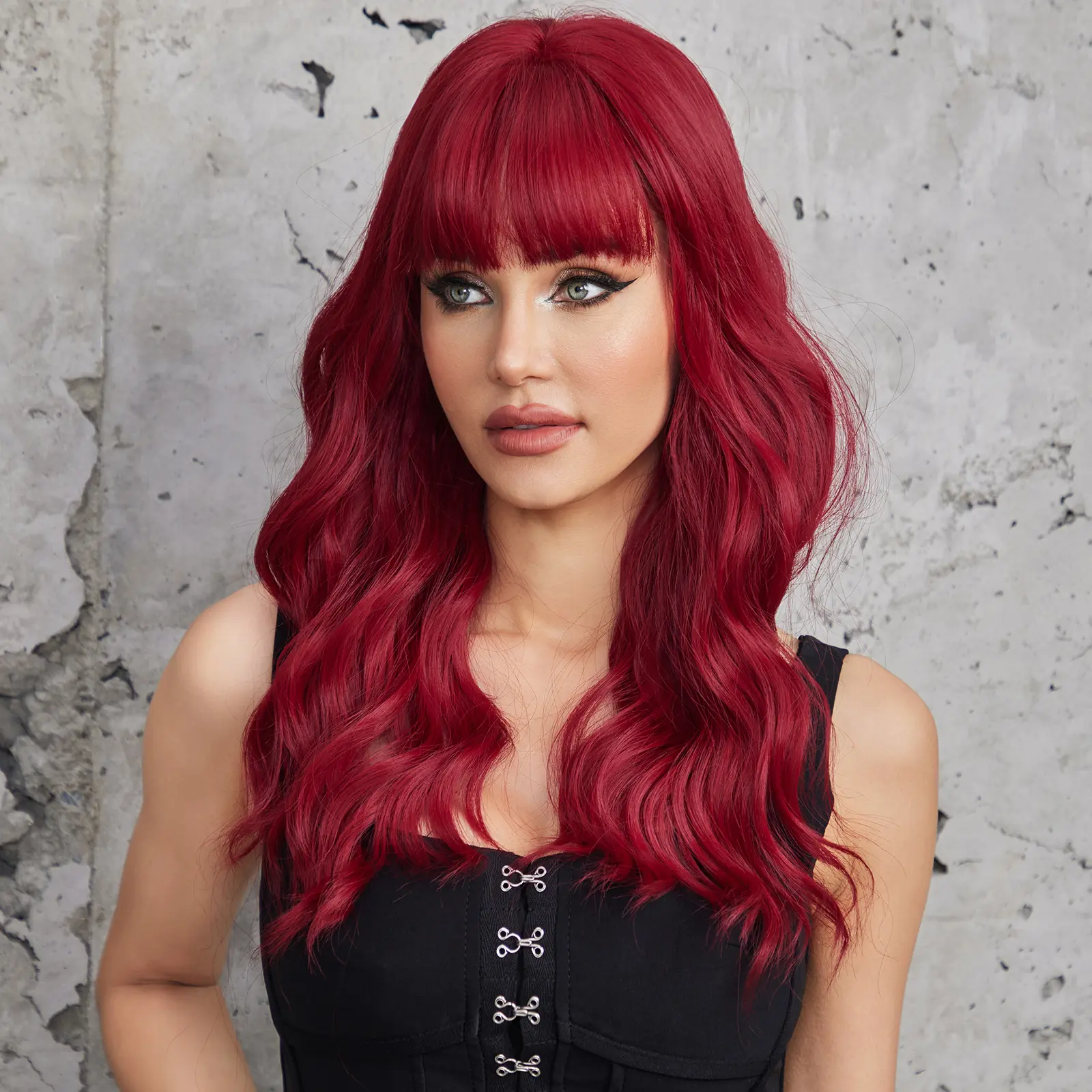 LOUIS FERRE Long Wavy Red Synthetic Wigs With Bangs Natural Red Women's Hair Cosplay Christmas Heat Resistant Fiber Wigs Hair