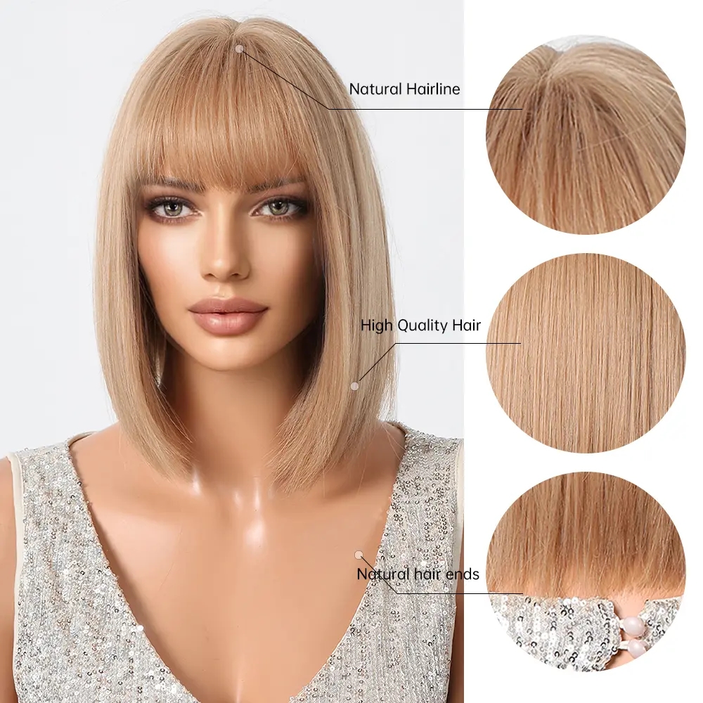 LOUIS FERRE Short Straight Bob Synthetic Wig For White Women Cosplay Daily Use Blonde Wig Natural Hair With Bangs Heat Resistant