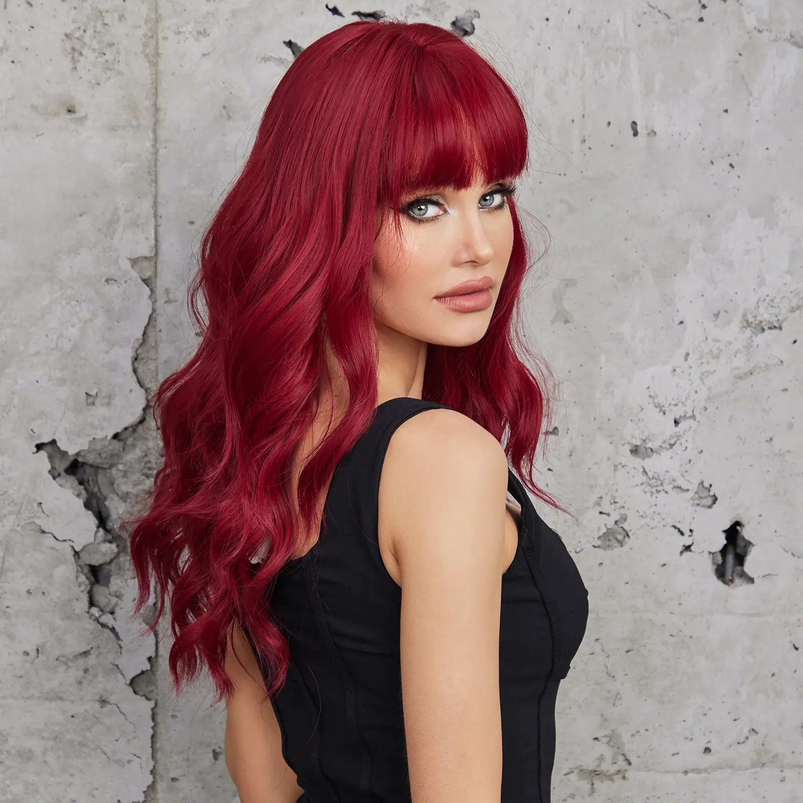 LOUIS FERRE Long Wavy Red Synthetic Wigs With Bangs Natural Red Women's Hair Cosplay Christmas Heat Resistant Fiber Wigs Hair