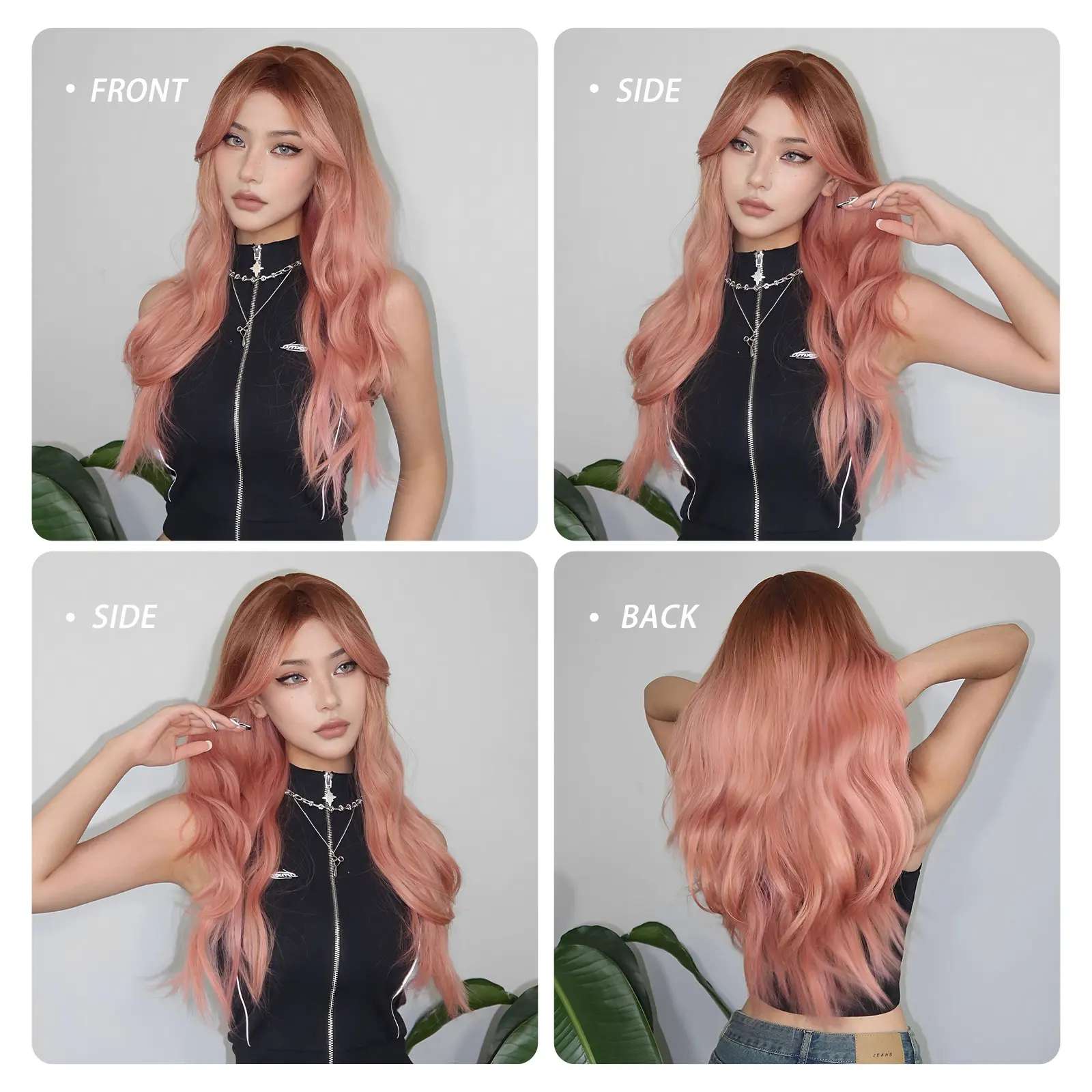 Pink Ombre Synthetic Wigs For Women Long Wavy Curly Wigs With Eight Character Bangs Natural Wigs For Daily Use Heat Resistant