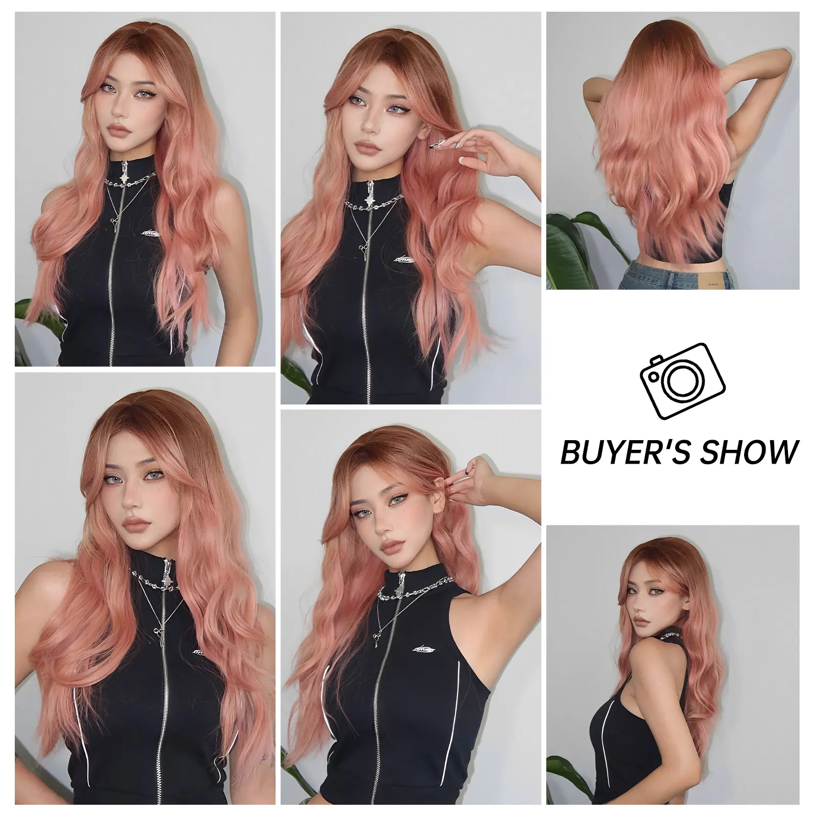 Pink Ombre Synthetic Wigs For Women Long Wavy Curly Wigs With Eight Character Bangs Natural Wigs For Daily Use Heat Resistant