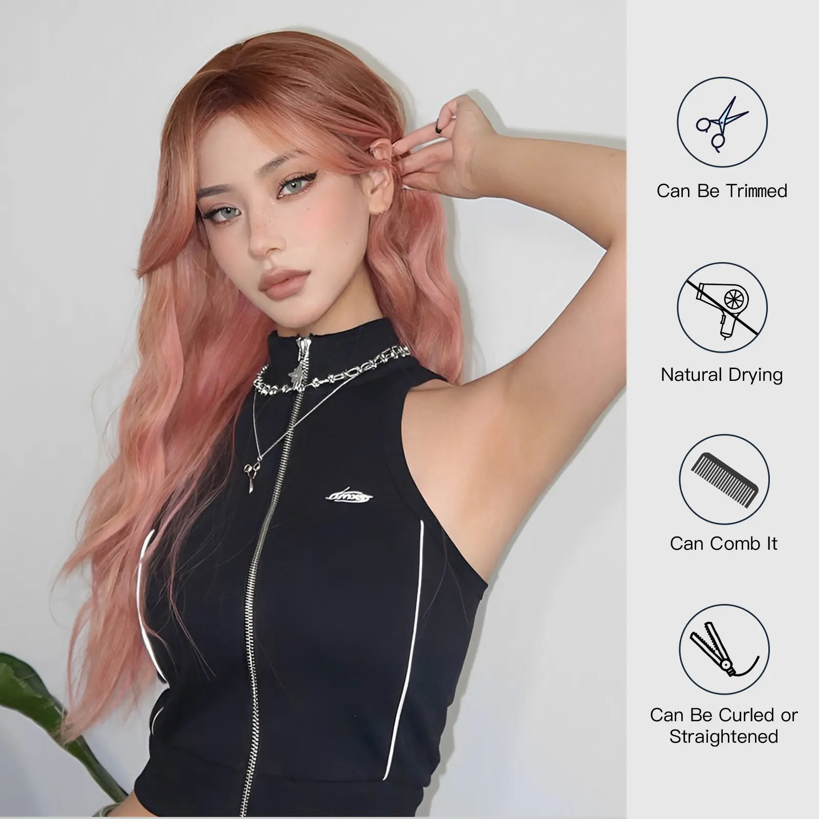 Pink Ombre Synthetic Wigs For Women Long Wavy Curly Wigs With Eight Character Bangs Natural Wigs For Daily Use Heat Resistant