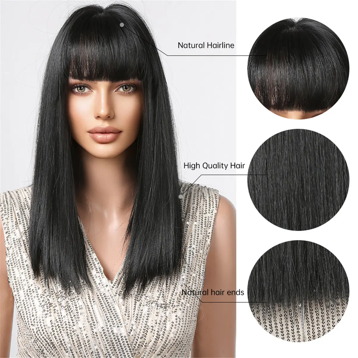 LOUIS FERRE Medium Length Straight Wigs With Bangs For Women Daily Party Natural Black Synthetic Bob Wigs Heat Resistant Fibre
