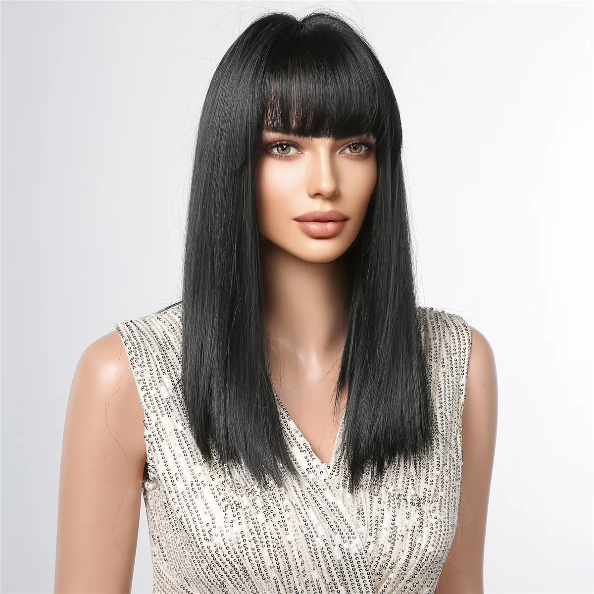 LOUIS FERRE Medium Length Straight Wigs With Bangs For Women Daily Party Natural Black Synthetic Bob Wigs Heat Resistant Fibre
