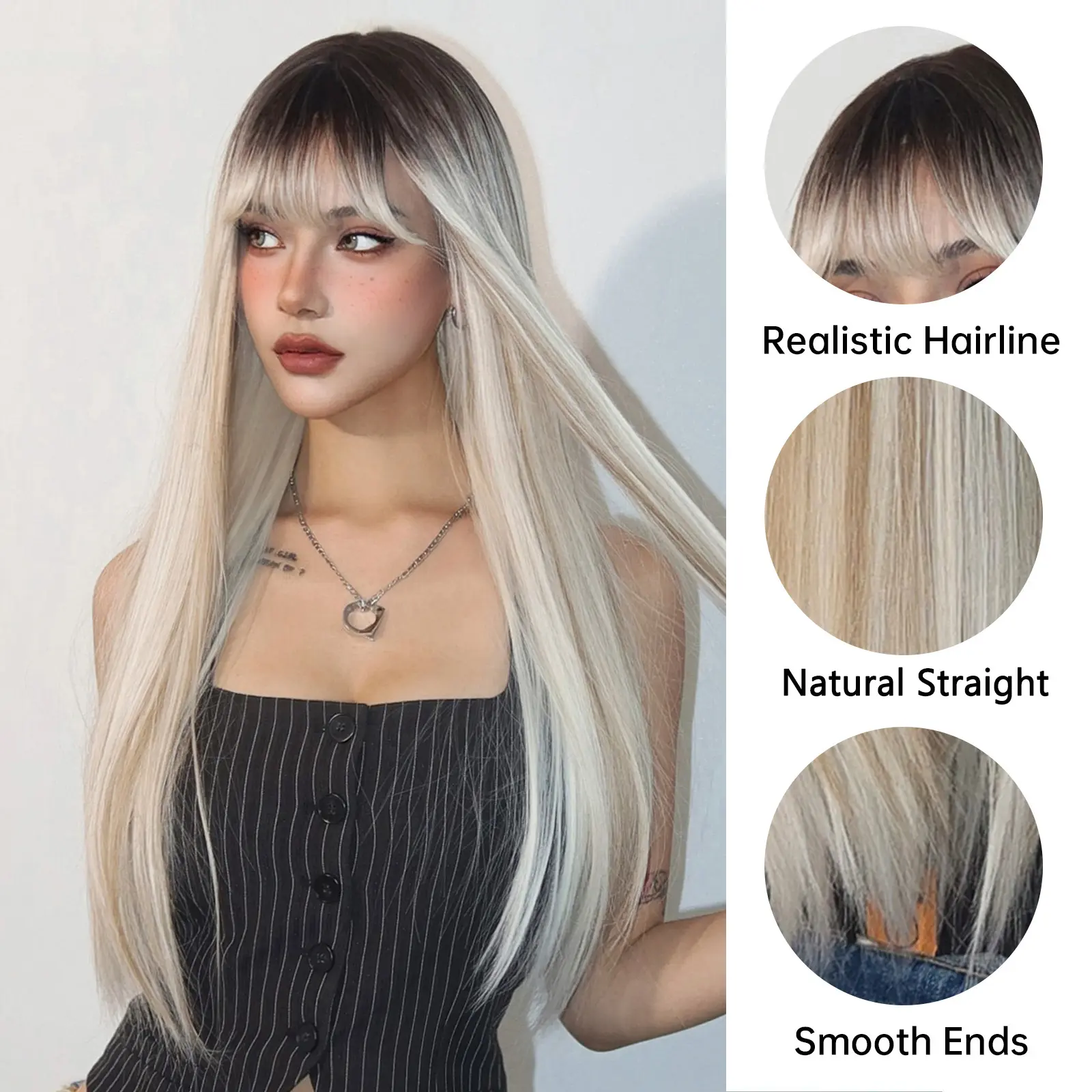 Long Straight Platinum Wigs with Bangs Brown Blonde Ombre Hair Syntehtic Wigs for Women Heat Resistant Fiber Wig for Daily