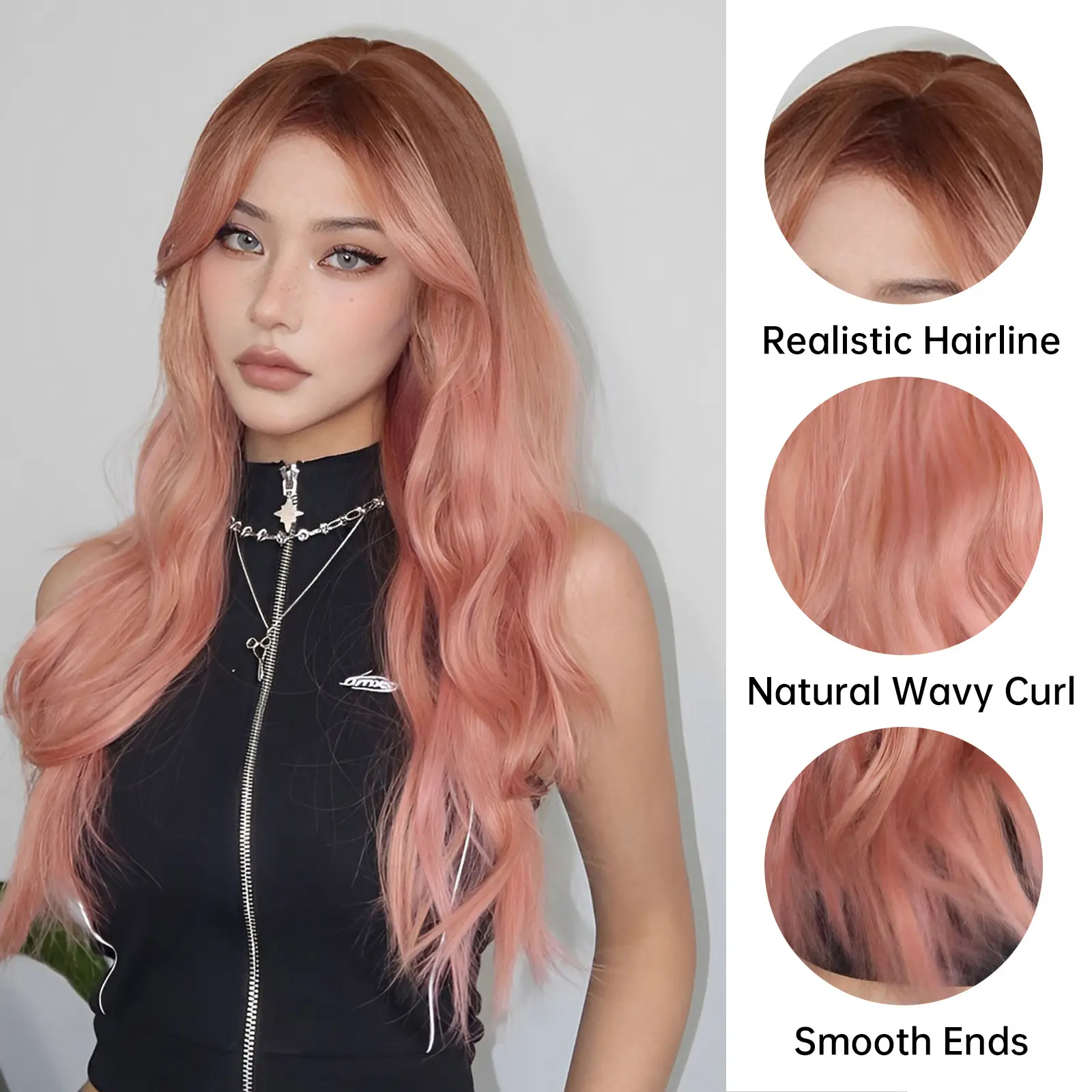 Pink Ombre Synthetic Wigs For Women Long Wavy Curly Wigs With Eight Character Bangs Natural Wigs For Daily Use Heat Resistant