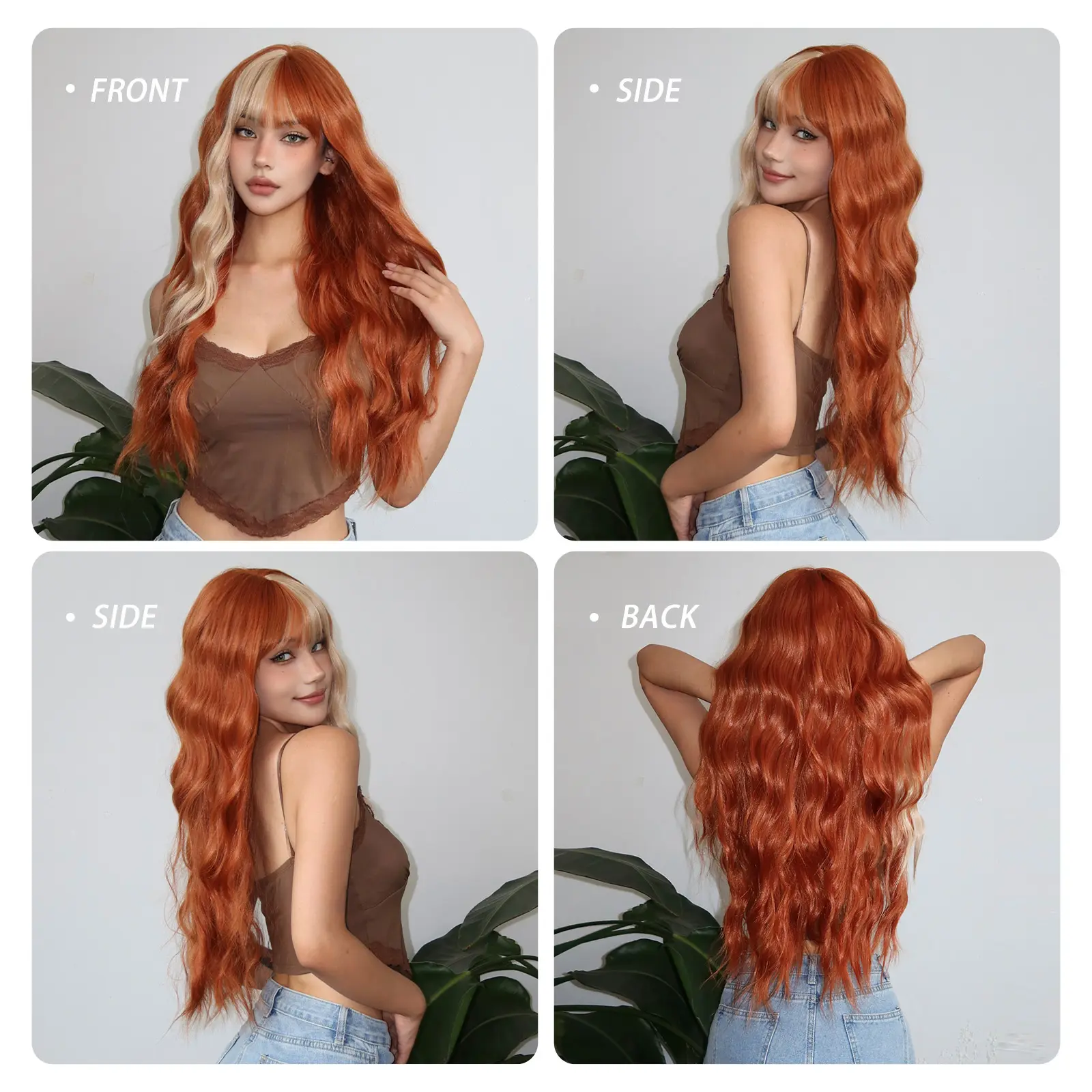 LOUIS FERRE Orange Blonde Highlight Synthetic Wigs Long Wavy Party Cosplay Wig With Bangs For Women Heat Resistant Fake Hair