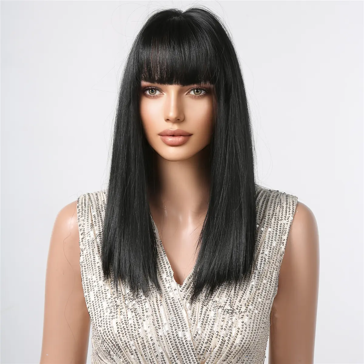 LOUIS FERRE Medium Length Straight Wigs With Bangs For Women Daily Party Natural Black Synthetic Bob Wigs Heat Resistant Fibre