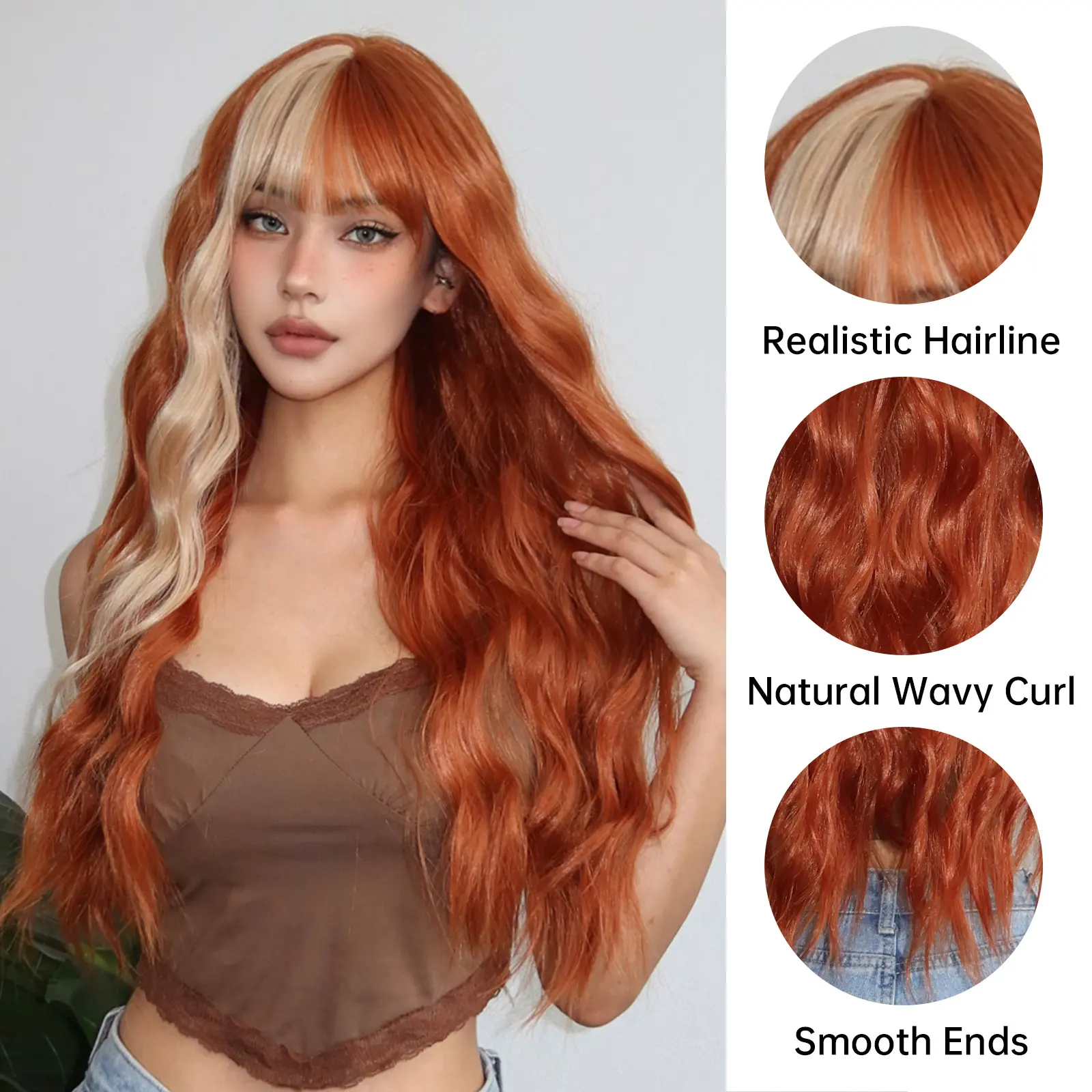 LOUIS FERRE Orange Blonde Highlight Synthetic Wigs Long Wavy Party Cosplay Wig With Bangs For Women Heat Resistant Fake Hair