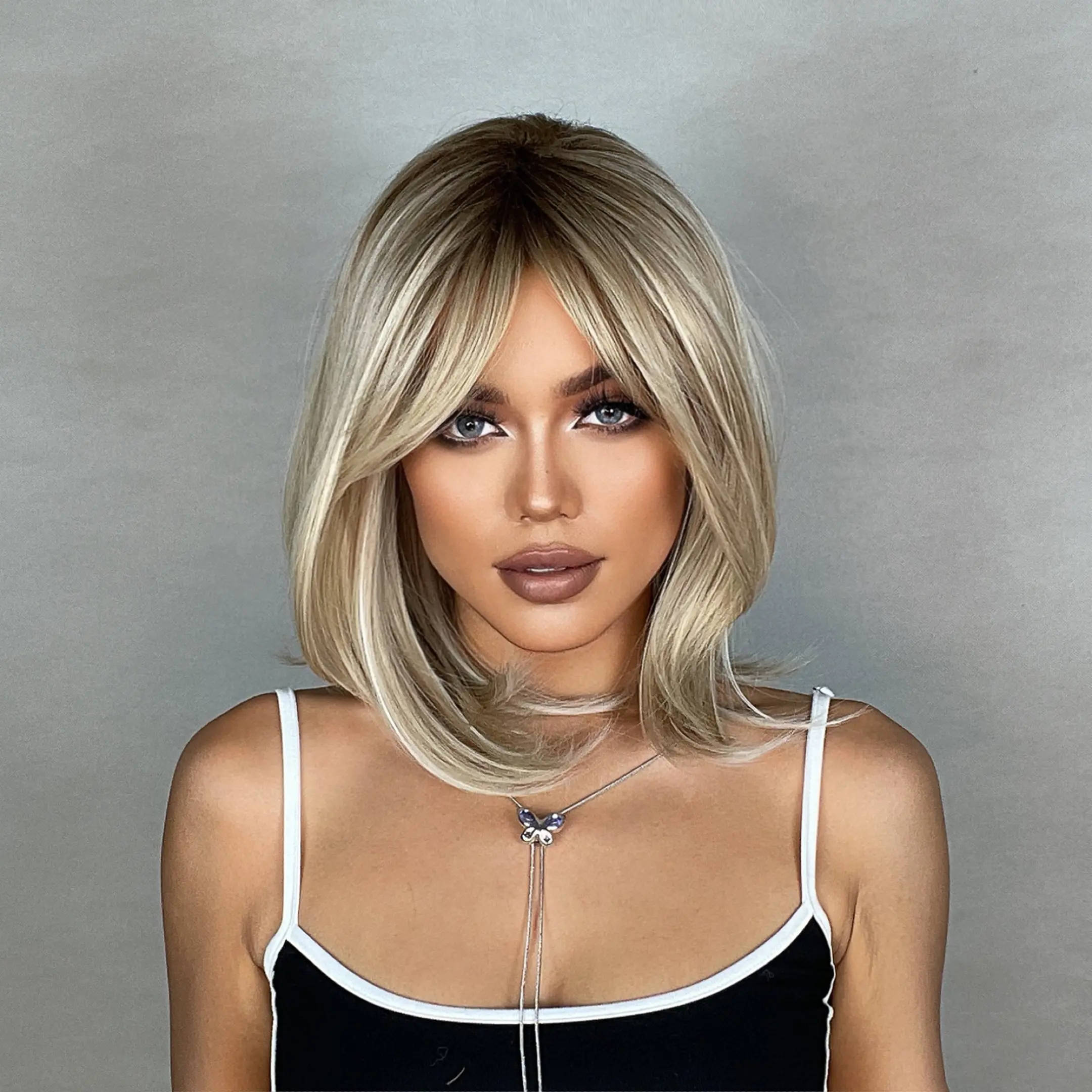 Ombre Brown Blonde Natural Synthetic Wigs With Bangs For Women Daily Cosplay Use Short Straight Bob Hair Wig Heat Resistant