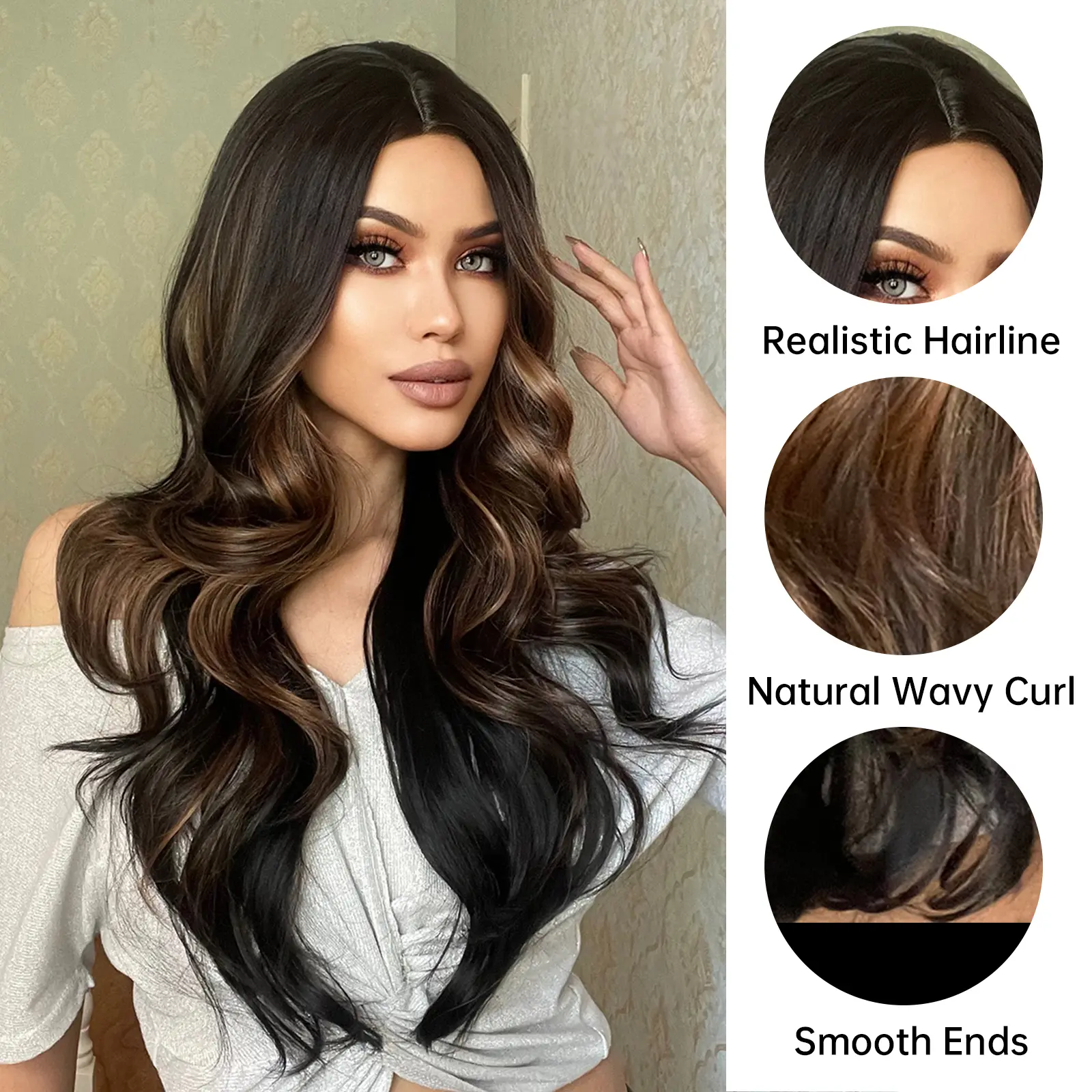 Synthetic Long Wavy Curly Wig For Women Natural Fake Hair Brown Black Highlights Wig For Daily Party Use Heat Resistant Fiber