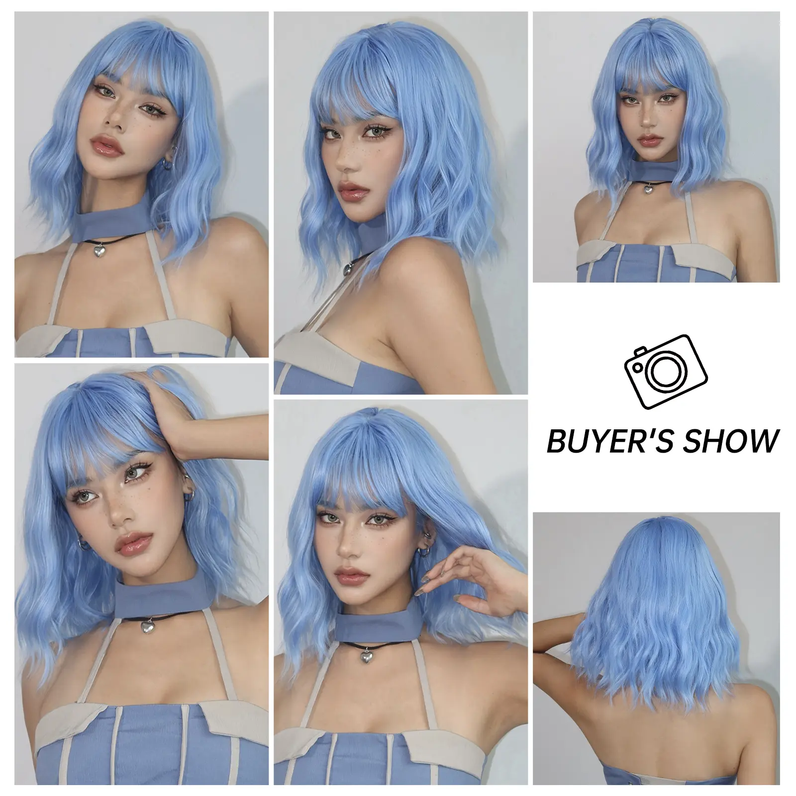 LOUIS FERRE Bob Blue Curly Synthetic Wigs For Women DaiIy Cosplay Short Colorful Wavy Hair Wig With Bangs Heat Resistant Fiber