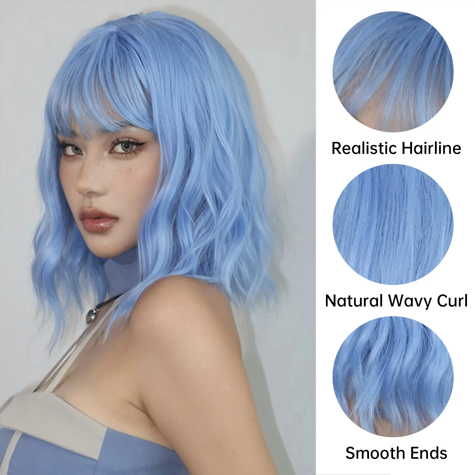 LOUIS FERRE Bob Blue Curly Synthetic Wigs For Women DaiIy Cosplay Short Colorful Wavy Hair Wig With Bangs Heat Resistant Fiber