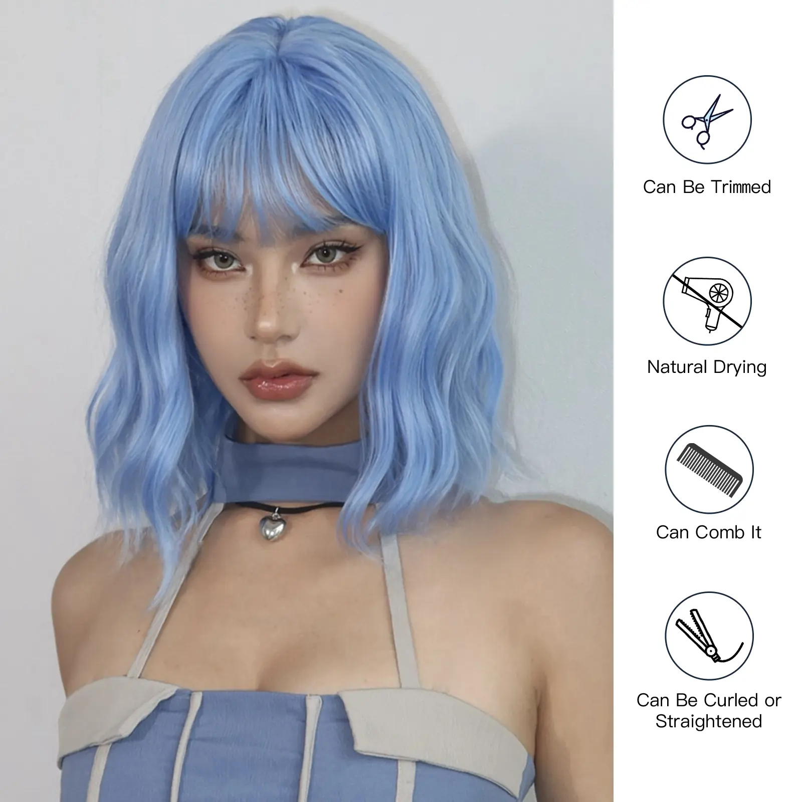 LOUIS FERRE Bob Blue Curly Synthetic Wigs For Women DaiIy Cosplay Short Colorful Wavy Hair Wig With Bangs Heat Resistant Fiber