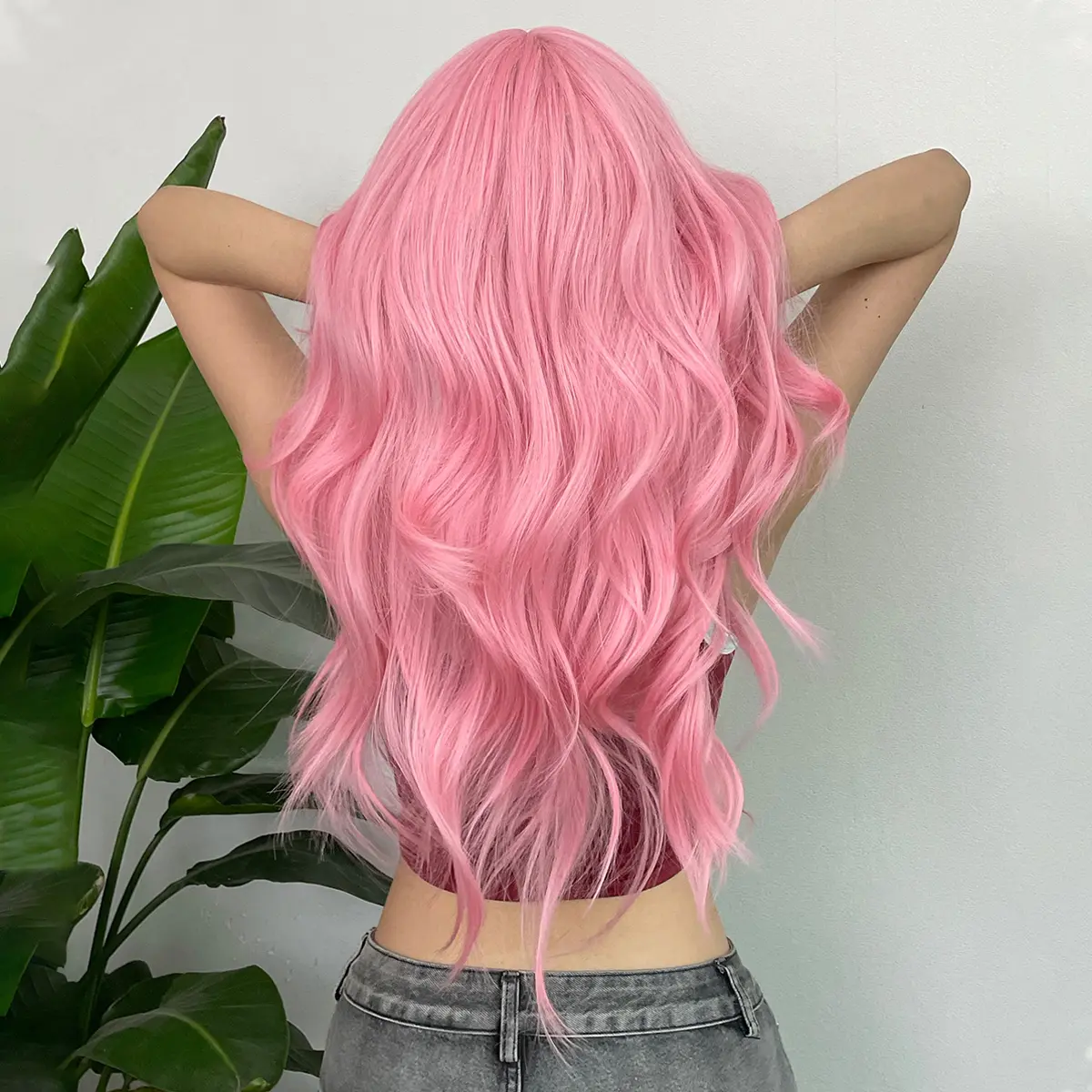 Pink Wavy Cosplay Synthetic Wigs for White Women Long Body Wavy Wigs With Bangs Natural Hair Daily Use Lolita Heat Resistant Wig