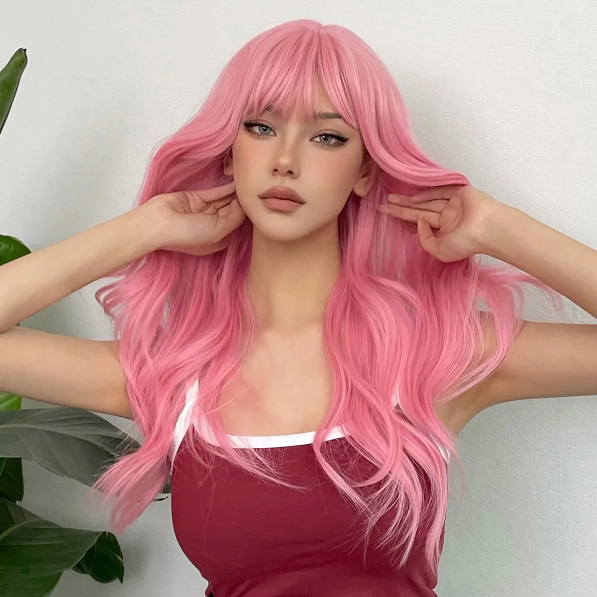 Pink Wavy Cosplay Synthetic Wigs for White Women Long Body Wavy Wigs With Bangs Natural Hair Daily Use Lolita Heat Resistant Wig