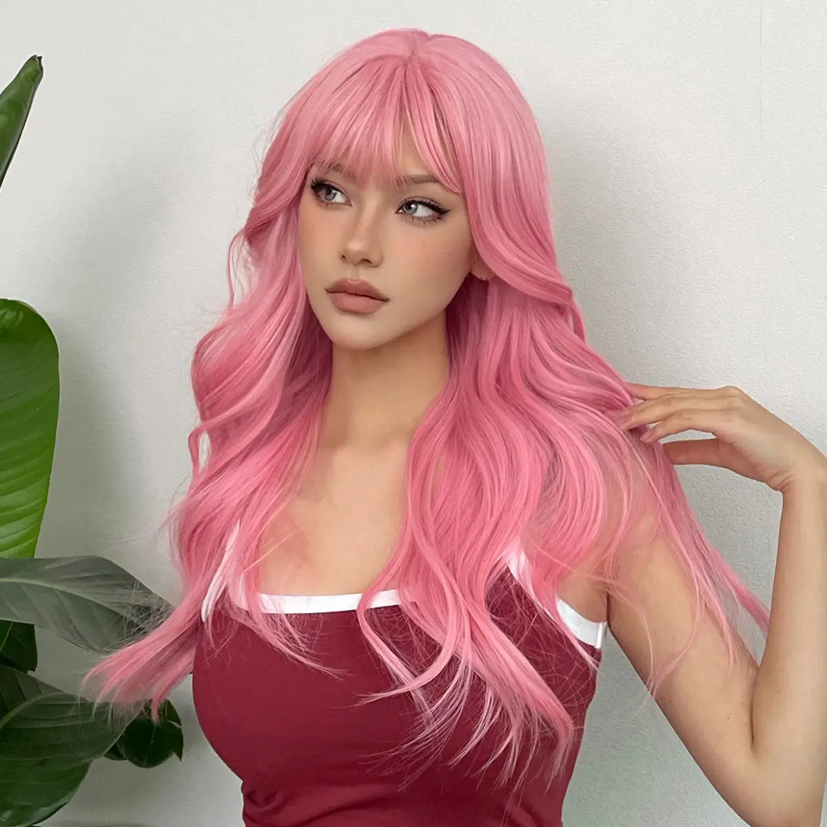 Pink Wavy Cosplay Synthetic Wigs for White Women Long Body Wavy Wigs With Bangs Natural Hair Daily Use Lolita Heat Resistant Wig