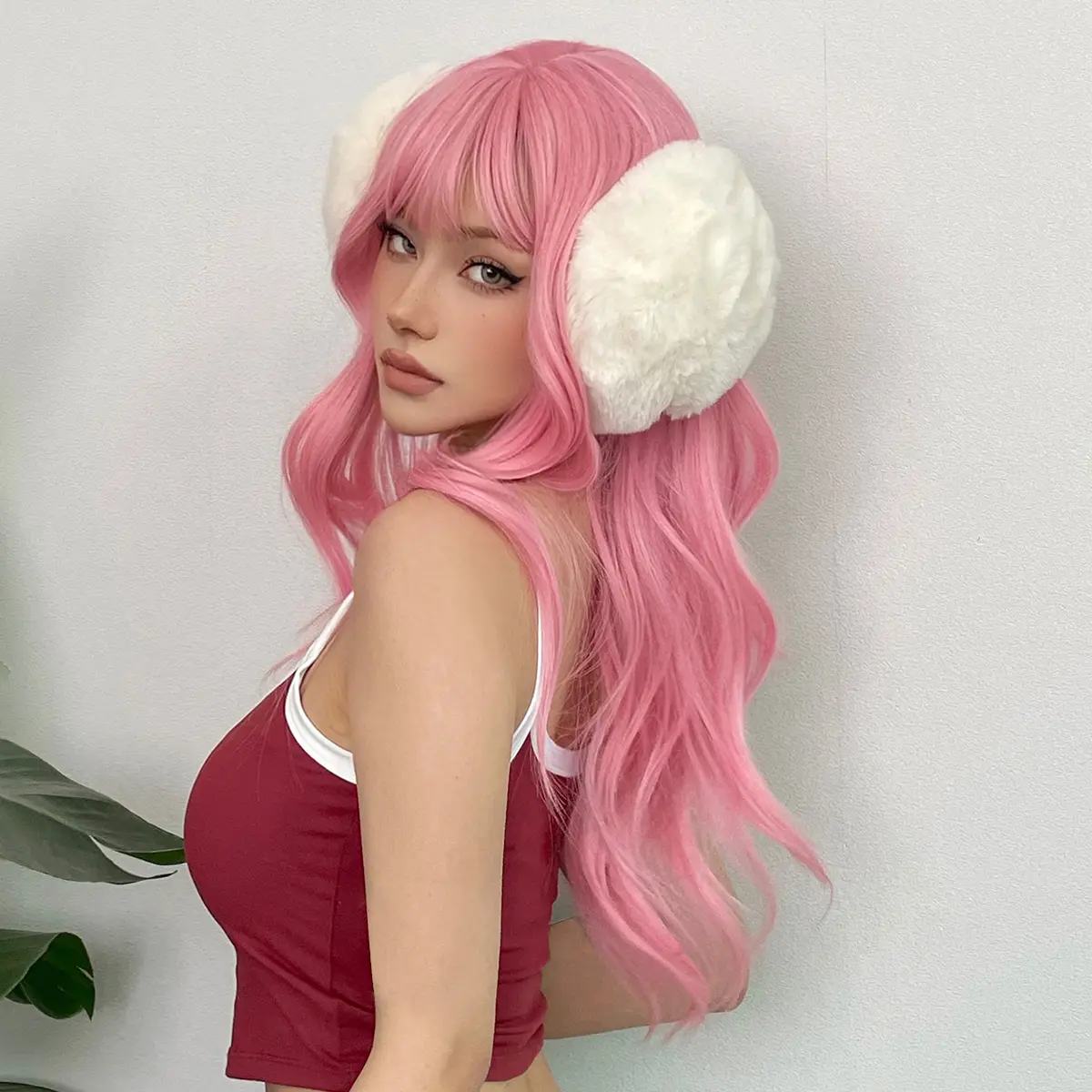 Pink Wavy Cosplay Synthetic Wigs for White Women Long Body Wavy Wigs With Bangs Natural Hair Daily Use Lolita Heat Resistant Wig