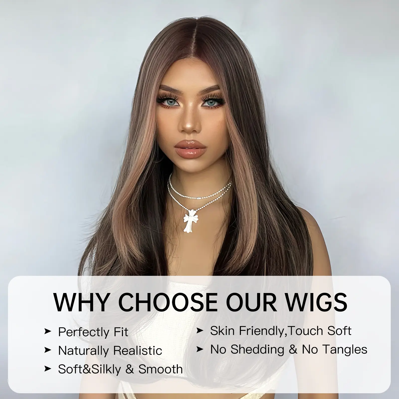 Brown Highlights Long Body Wavy Wigs Natural Middle Part fake Hair Heat Resistant For women Daily Cosplay Party Synthetic wig