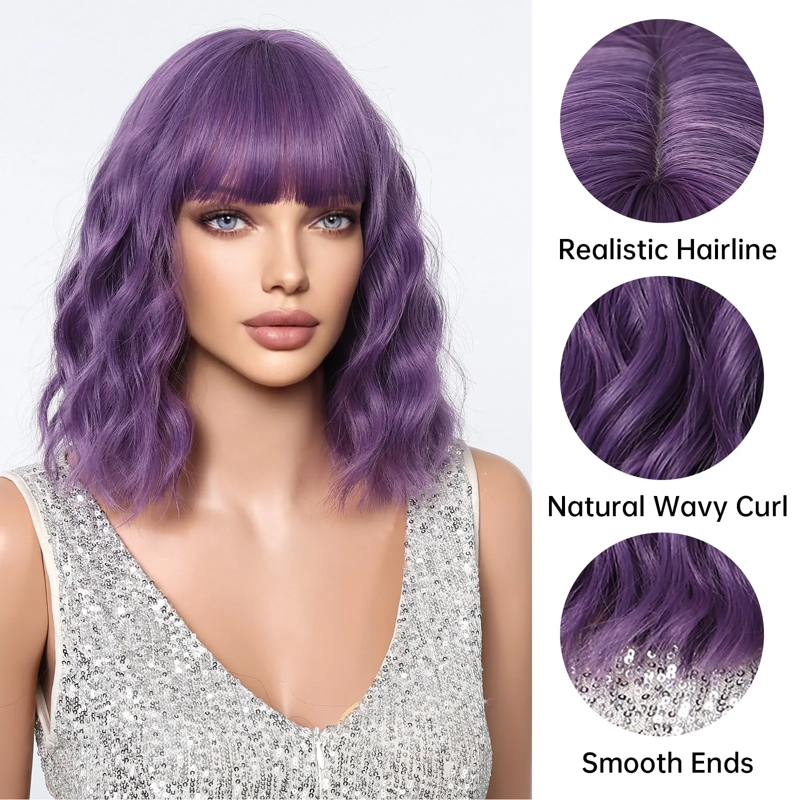 LOUIS FEREE Short Wavy Purple Synthetic Wigs for Women Natural Hair Cosplay Wigs With Bangs Daily Party Heat Resistant Fiber Wig