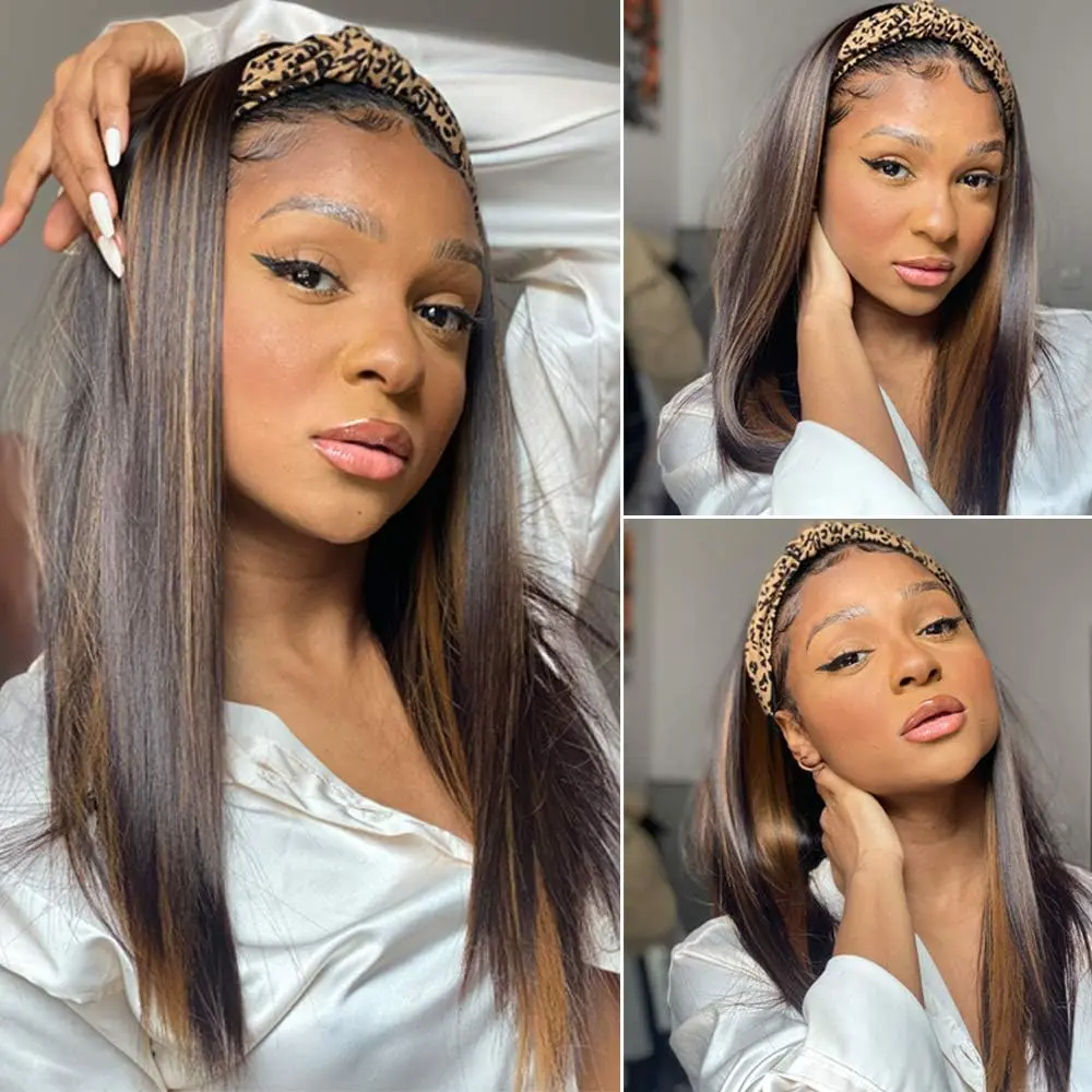 LOUIS FERRE Long Straight Headband Wigs for Women Brown Blonde Highlight Synthetic Headband Wig Heat Resistant Hair Wig Daily